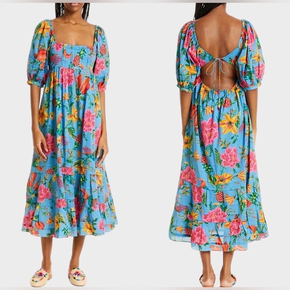 NEW FARM Rio Toucans Garden Puff Sleeves  Midi Dress in Blue Size L